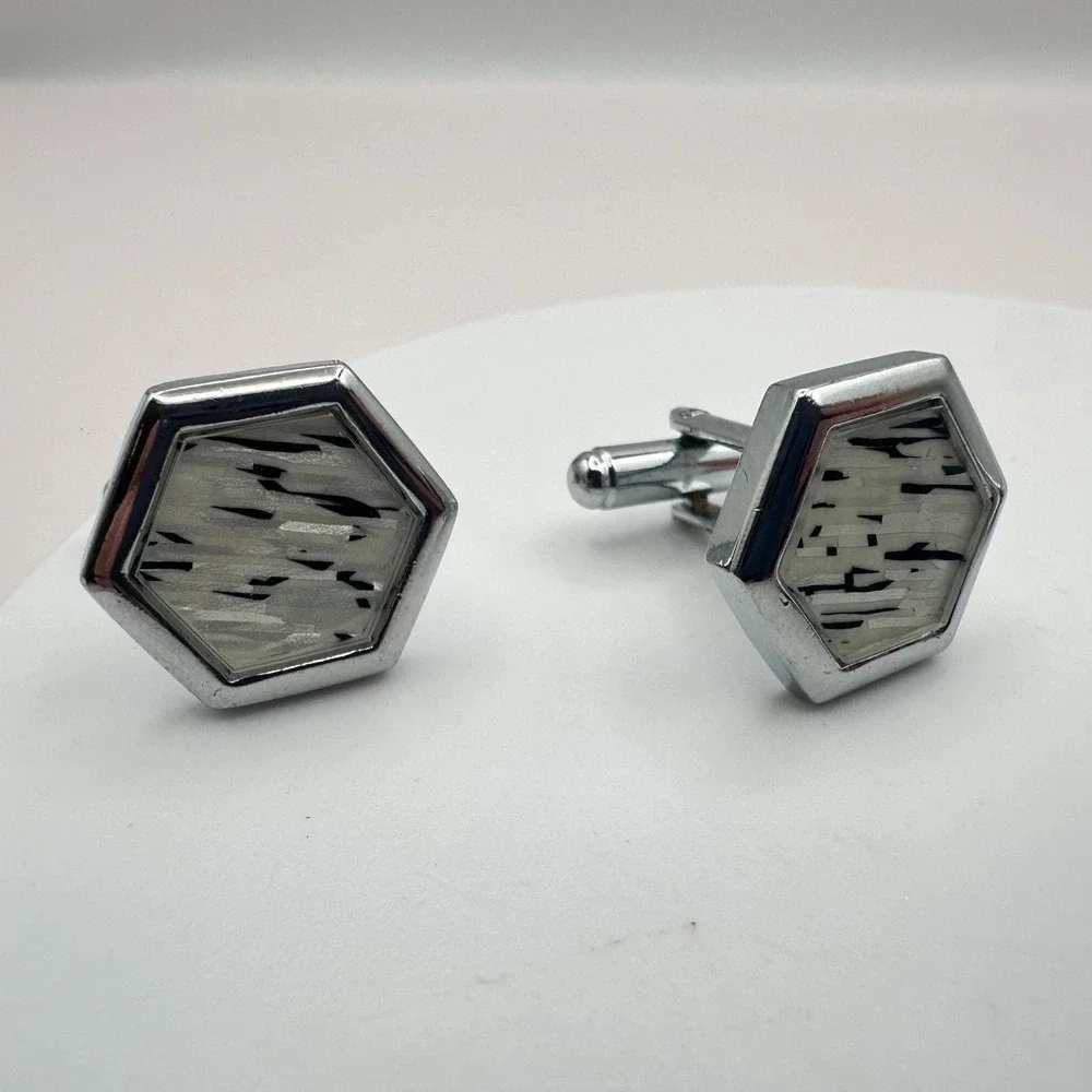 Vintage 60s Mid-Century Silver Tone Cufflink Set Geometric Glass Inlay‎ Jewelry